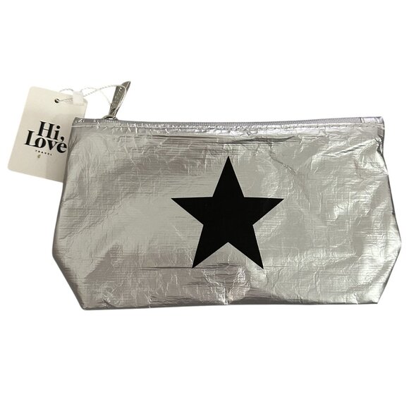 Hi Love Travel Bag Metallic Silver Star Splash Proof Makeup Cosmetics Clutch - Picture 1 of 2